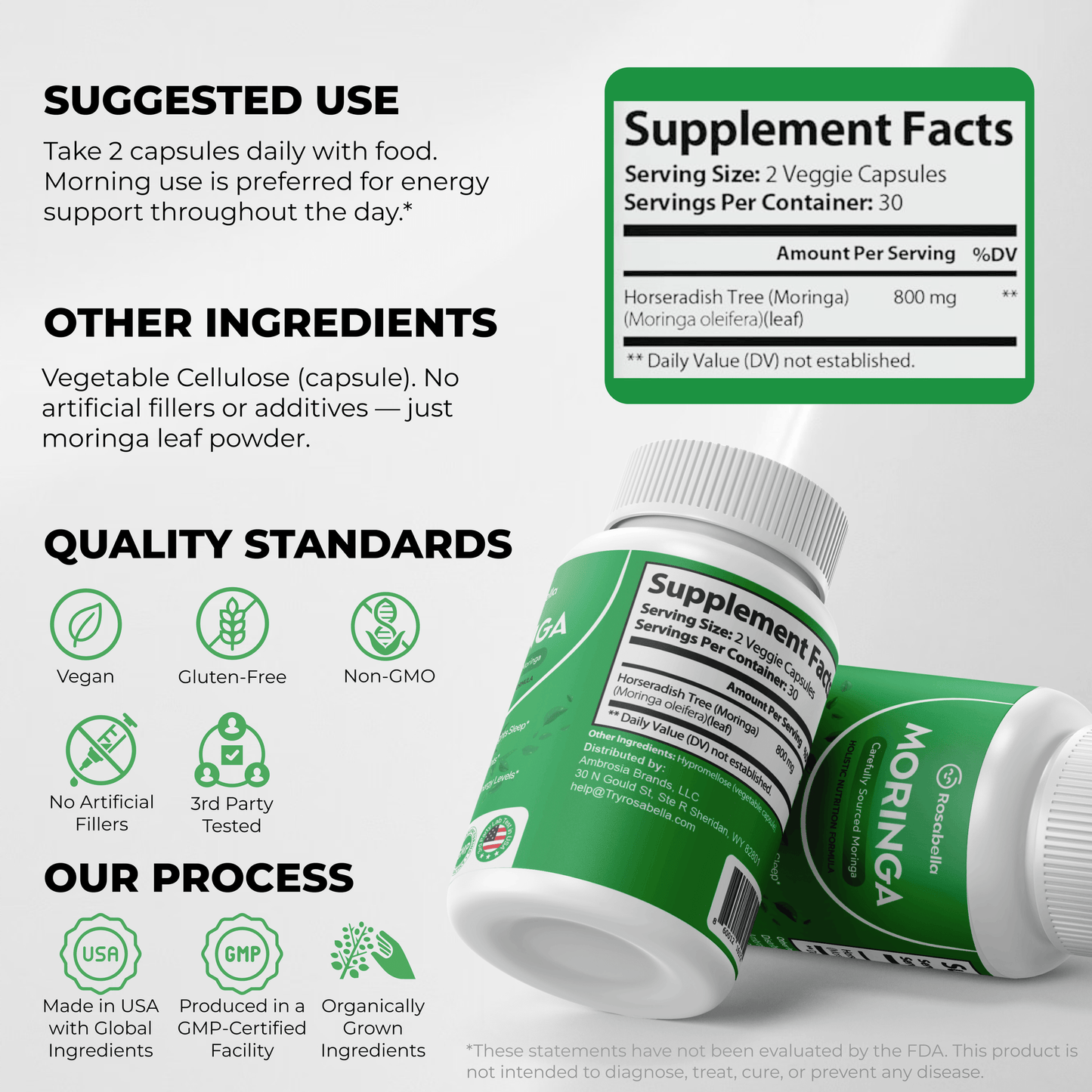 Rosabella Moringa Capsules - Pure Moringa Powder, Energy, Skin, Immune & Gut Health Superfood, Rich in Antioxidants, Essential Vitamins & Amino Acids, Natural Green Superfood Supplement